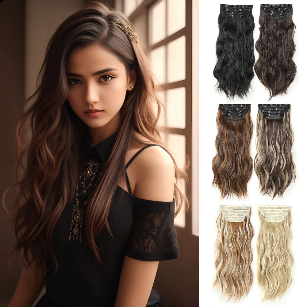 

Clips in Hair Extensions Synthetic Hairpiece 20 Inch Curly Wave Hairpiece 4Pcs/set Premium Hair Extensions for Women Girls