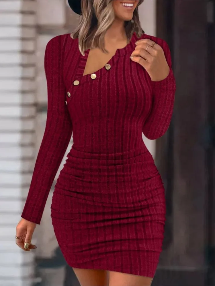 

Autumn Winter Solid Color Bodycon Dress 2025 Elegant Long Sleeve Mini Dress Fashion Female Skew Collar Button Slim Dresses