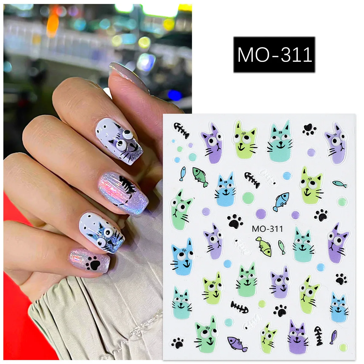 3D Cartoon Cute Cat Nail Stickers Graffiti  Sliders Silver Chrome Headphones Nail Art DIY Manicure Decoration