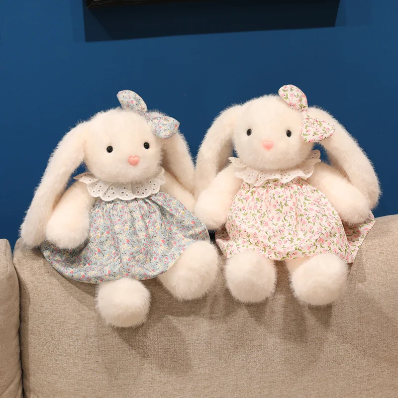30cm Cartoon Floral Dress Bunny Plush Toy Soft Stuffed Long Ear Rabbit Doll Girlfriend Valentine Birthday Gift Home Ornament