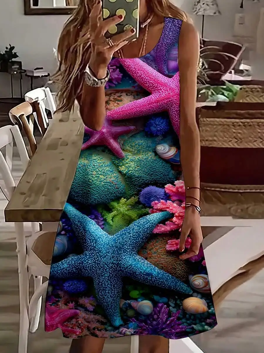 

Women Sleeveless Dress Starfish Coral Print Summer Beach Dress