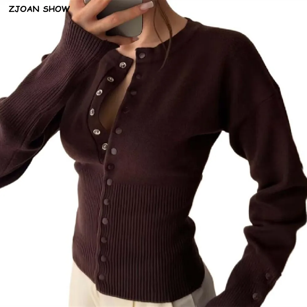 2025 الأمريكية الرجعية واحدة الصدر المغطاة زر سترة مشغولة من الصوف المرأة س الرقبة الضلع عالية الخصر سترة كم كامل تريكو