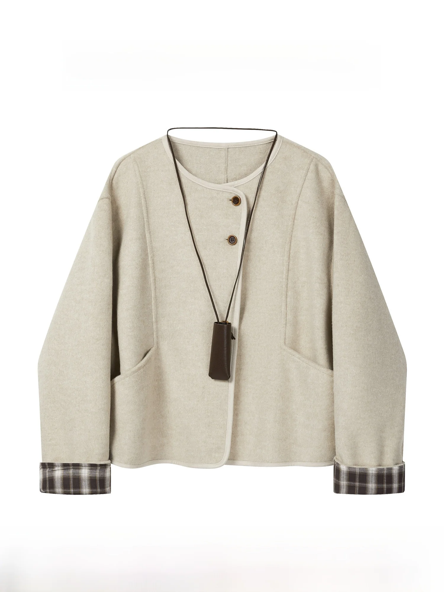 

Canton S Korean Sle round Ne Plaid ort Coat Women's Loose Long Sve Top Autumn New Arrival Casual Stand Fit