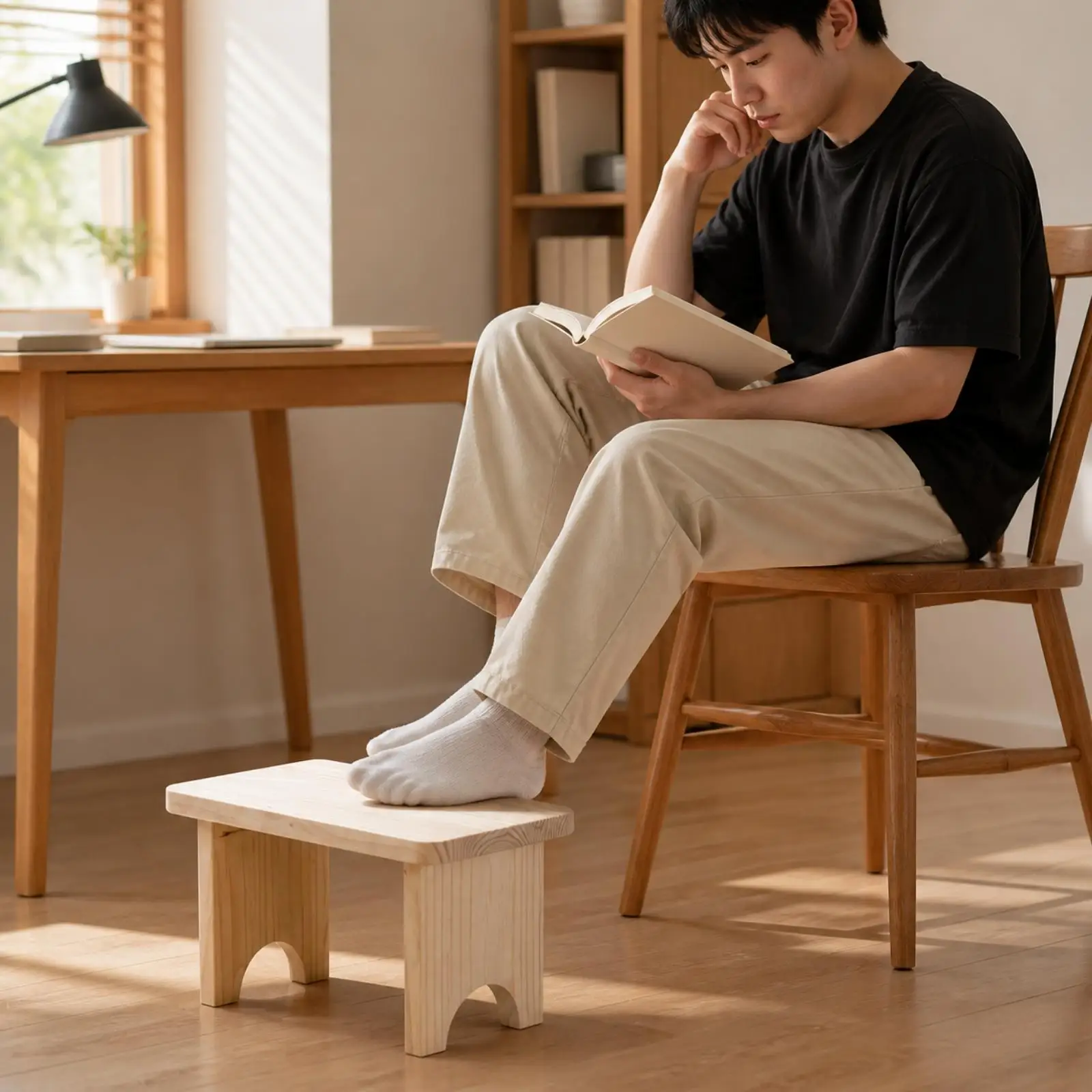 Solid Pine Wood Rectangular Stool with Arched Leg Cutouts for Entryway Seating and Footrest Use