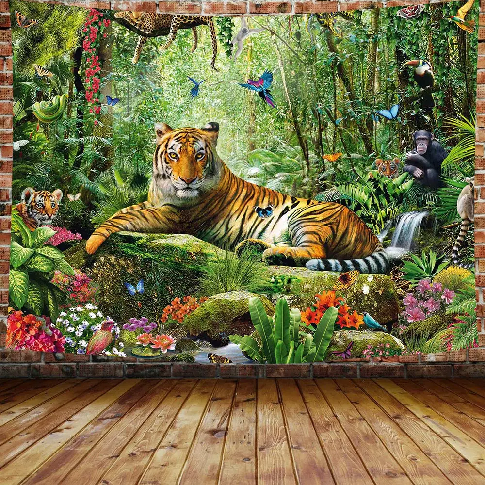 King of The Forest Tiger Tapestry Forest Animal Wall Hanging Tropical Rainforest Landscape for Living Room Bedroom Decorations