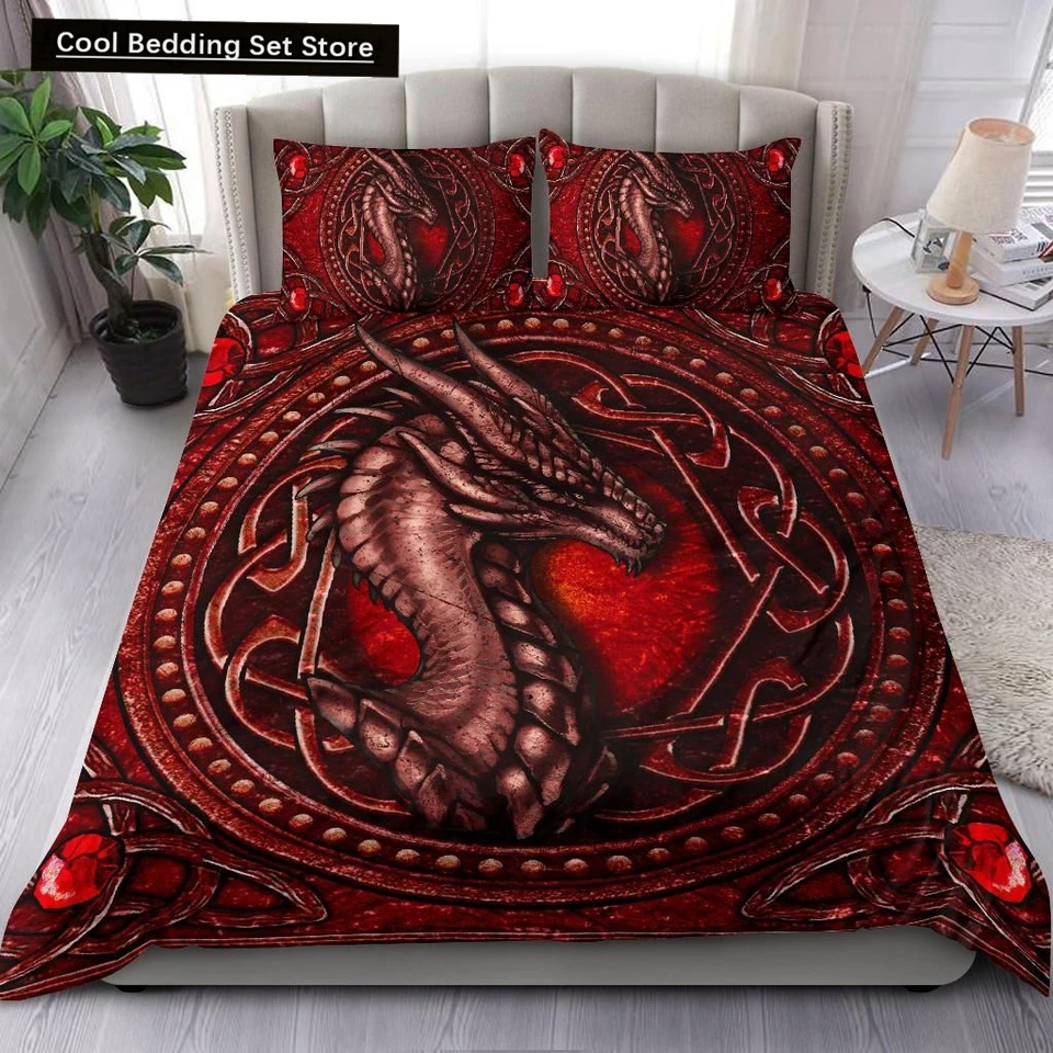 

Red Dragon King Queen Duvet Cover Western Mythical Animals Bedding Set for Kids Teens Adults Magical Creature 2/3pcs Quilt Cover