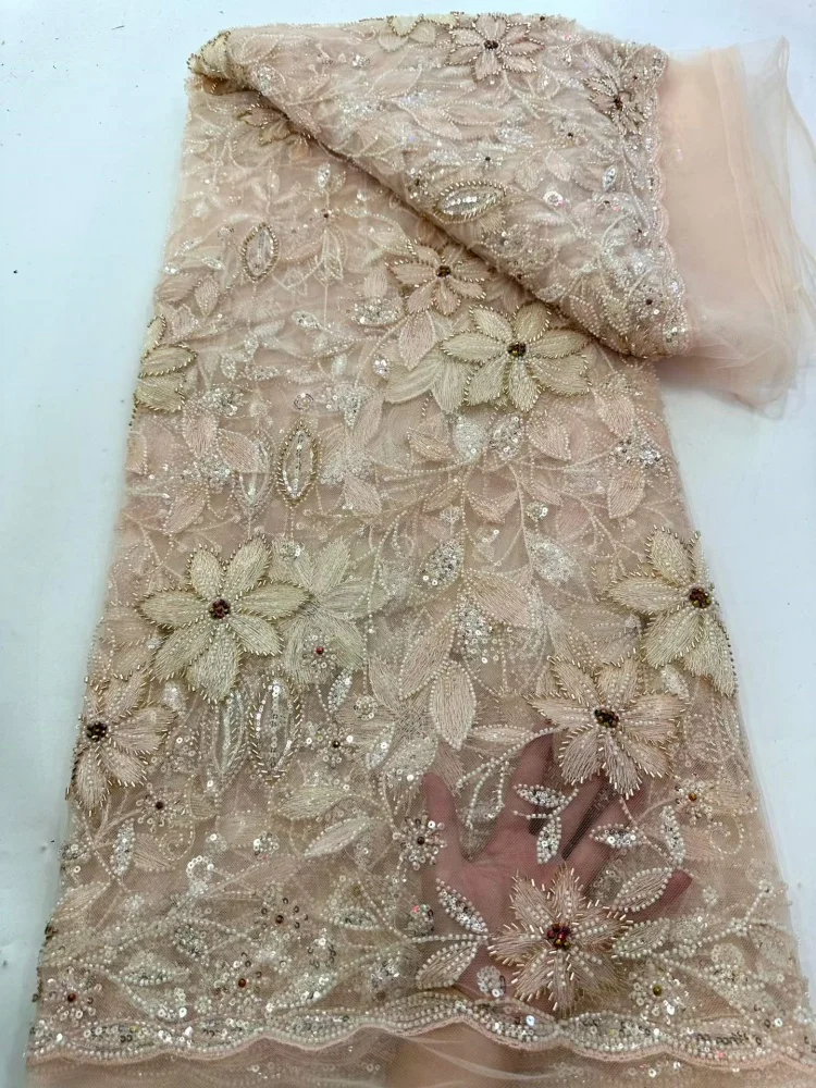 

Luxury Handmade Beaded Lace Fabric Net Elegance Embroidery for Women's Wedding Dress High Fashion Design