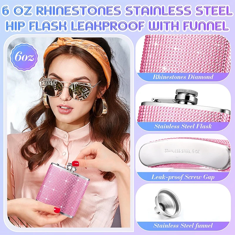 6oz Bling Hip Flask for Women Diamond Hip Flasks Glitter Stainless Steel Leakproof Hip Flasks For Wine Whiskey Liquor JT424