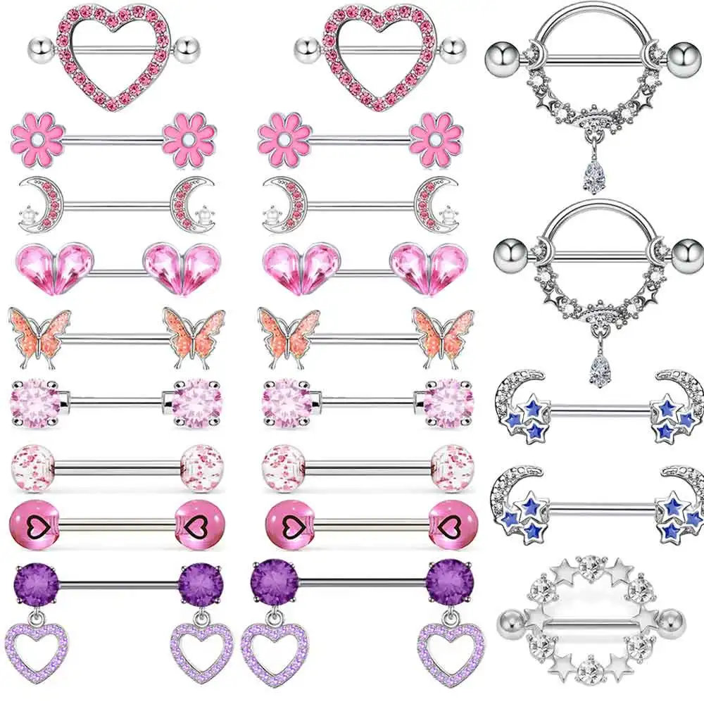 2pcs Cute Nipple Piercings Barbell Stainless Steel Crystal Nipple Shield Cover Heart Flower Nipple Rings Jewelry Body Dangle