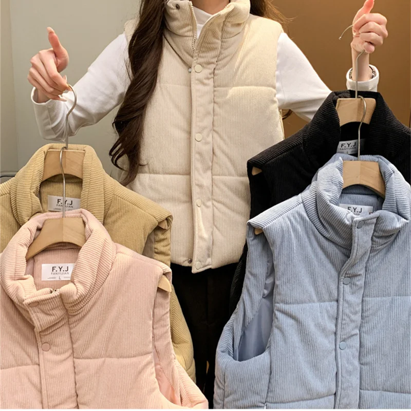 2025 outono inverno colete feminino veludo curto colete gola alta algodão-acolchoado jaqueta solta sem mangas casacos outerwear