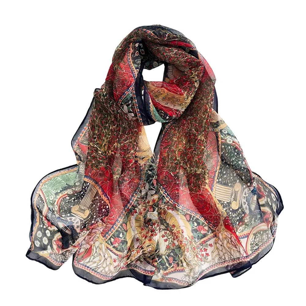 

Summer Embroidered Silk Scarf Sun-Resistant Smooth Beach Shawl Breathable Silk Bandana for Women