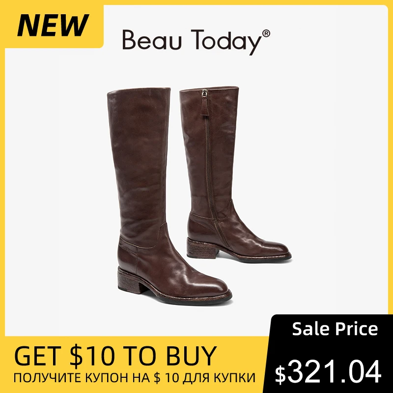 BEAUTODAY Genuine Leather Long Boots Women Horse Leather Riding Boot Round Toe Back Zip Ladies Knee High Shoes Handmade 01400