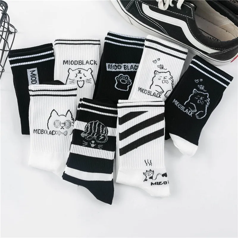 Kawaii Cartoon Cat Men And Women Socks Pure Cotton Black And White Cat Claw Harajuku Striped Simple Soft Fashion Funny Girl Sock