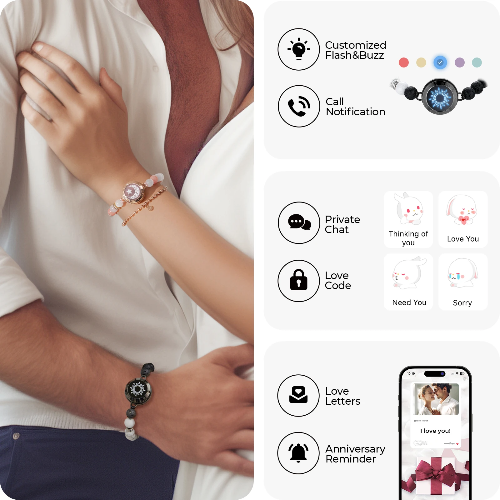 TOTWOO Long Distance Touch Bracelets for Couples, Vibration & Light up Gifts for Girlfriend Bluetooth Pairing Jewelry