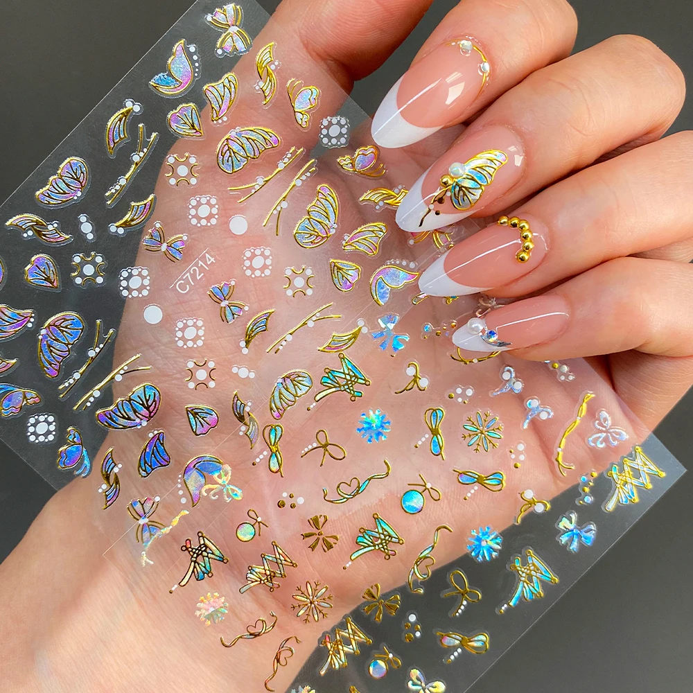 20Pcs Holographic Butterfly Nail Sticker Laser Gold & Sliver Butterfly Adhesive Decal 8.5x6cm 3D Glitter Foil DIY Manicure Decor