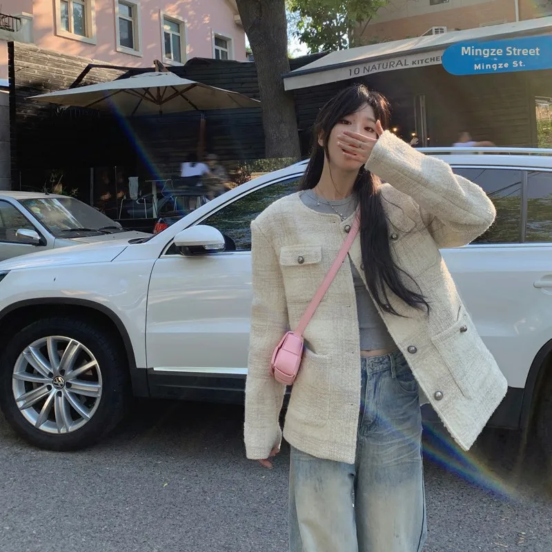 

SMBL RAIN Women's Loose Fit round Ne Wool Blend Coat in Beige Color Street Sle Long Sve Mid-Length Single Button Closure