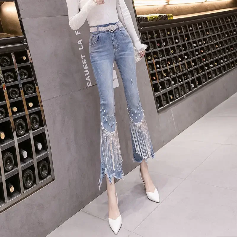 

Tassel Heavy Industry Jeans Women's Spring And Summer New Flared Pants Women's High Waist Slim Tassel Nail Bead Capris