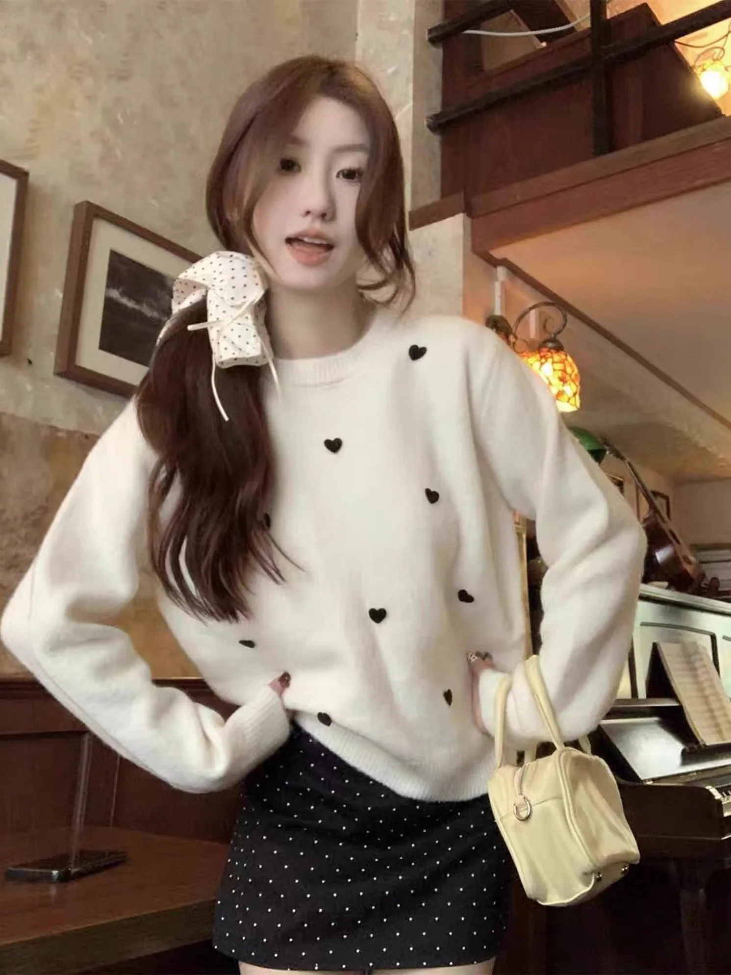 

Корейский стиль: свитер с сердечками, женский, осенне-зимний, свободный, вязаный, базовая кофта, модная повседневная одежда, с длинным рукавом, круглый вырез