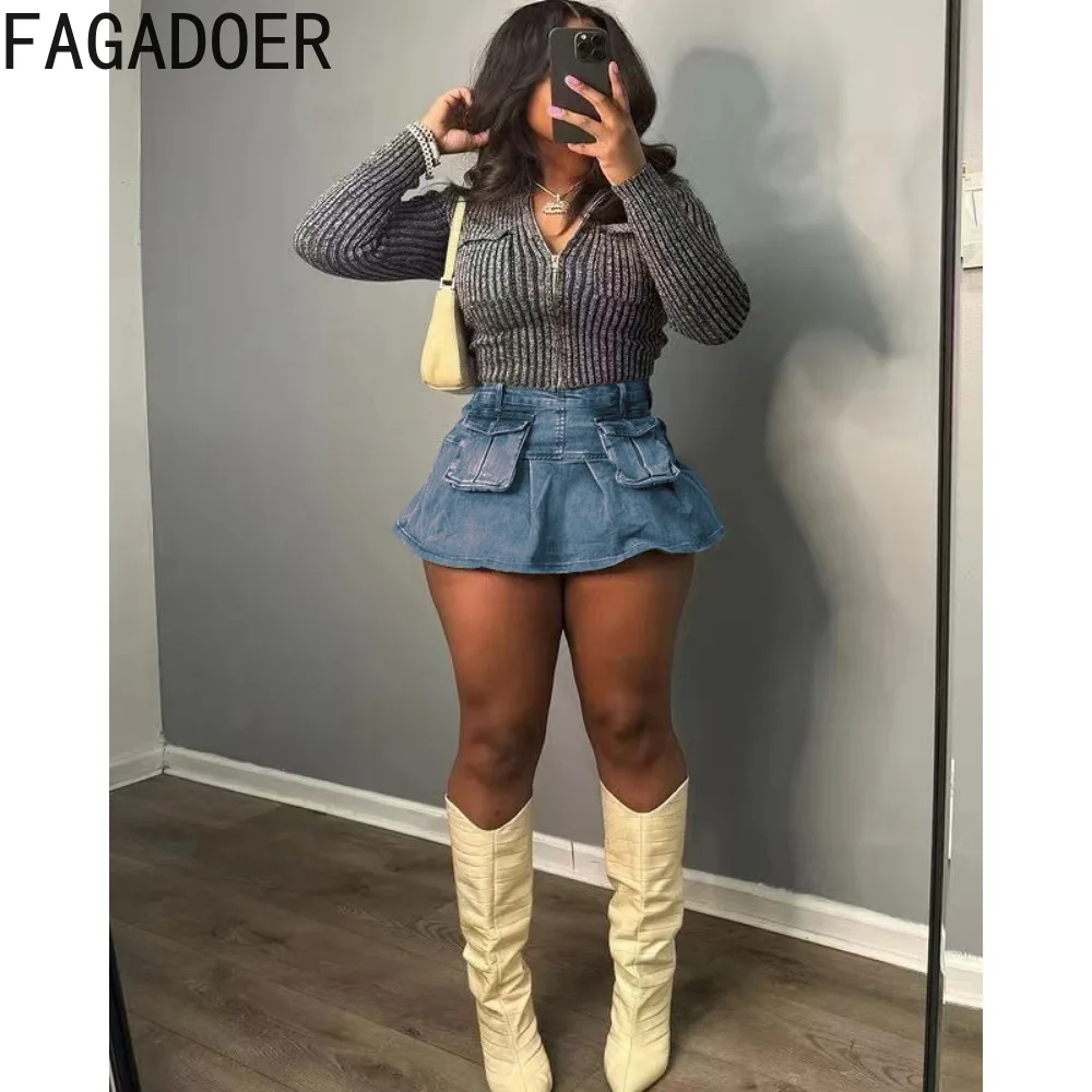 FAGADOER Fashion Y2K Streetwear Women High Waist Pocket A-line Mini Denim Skirts Summer New Female Cute Elasticity Skirt Bottoms