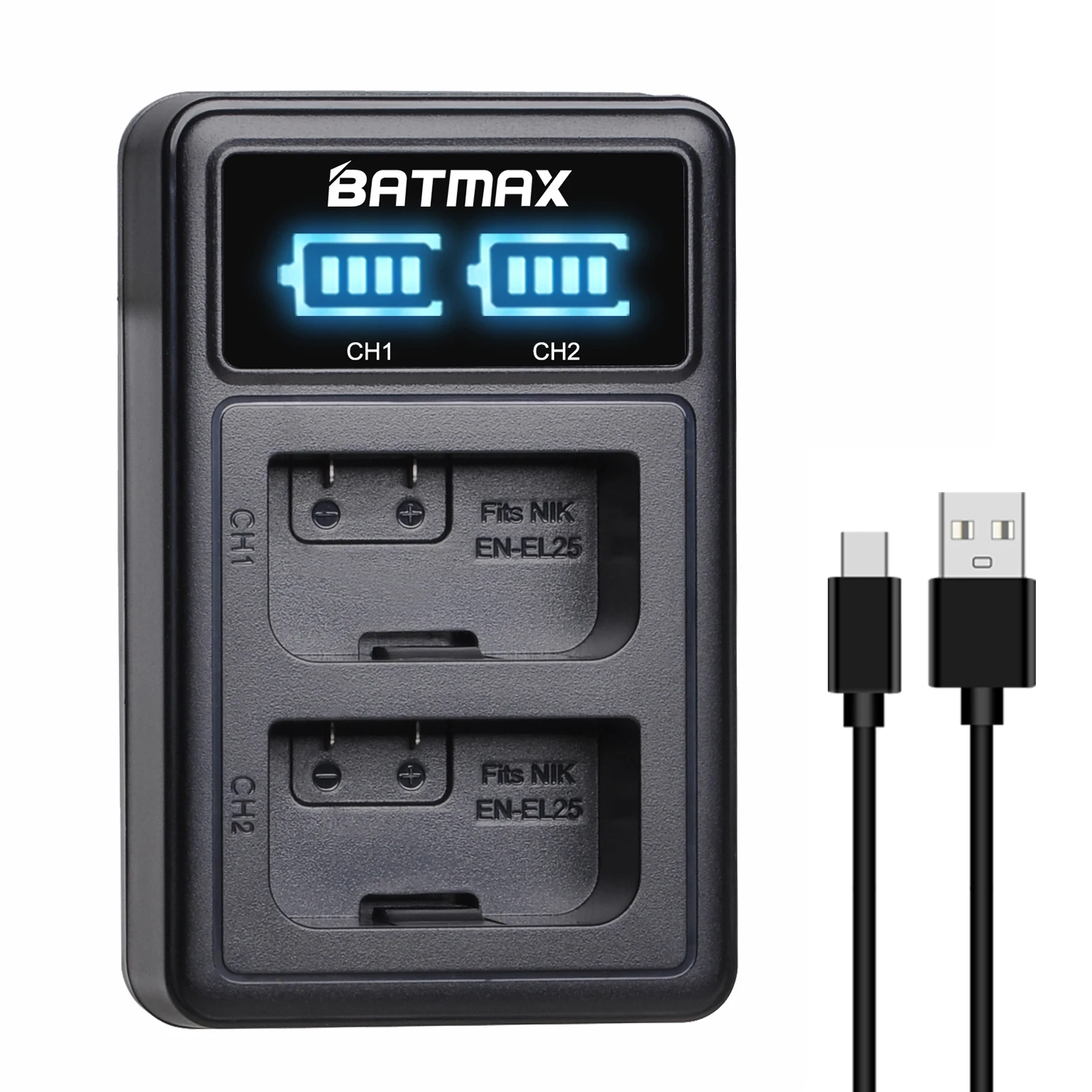 Batmax EN-EL25 EN EL25 Battery 2080mAh + LED Dual Charger for Nikon Z50, Z50 II, Z30,ZFC Camera MH-32 charger