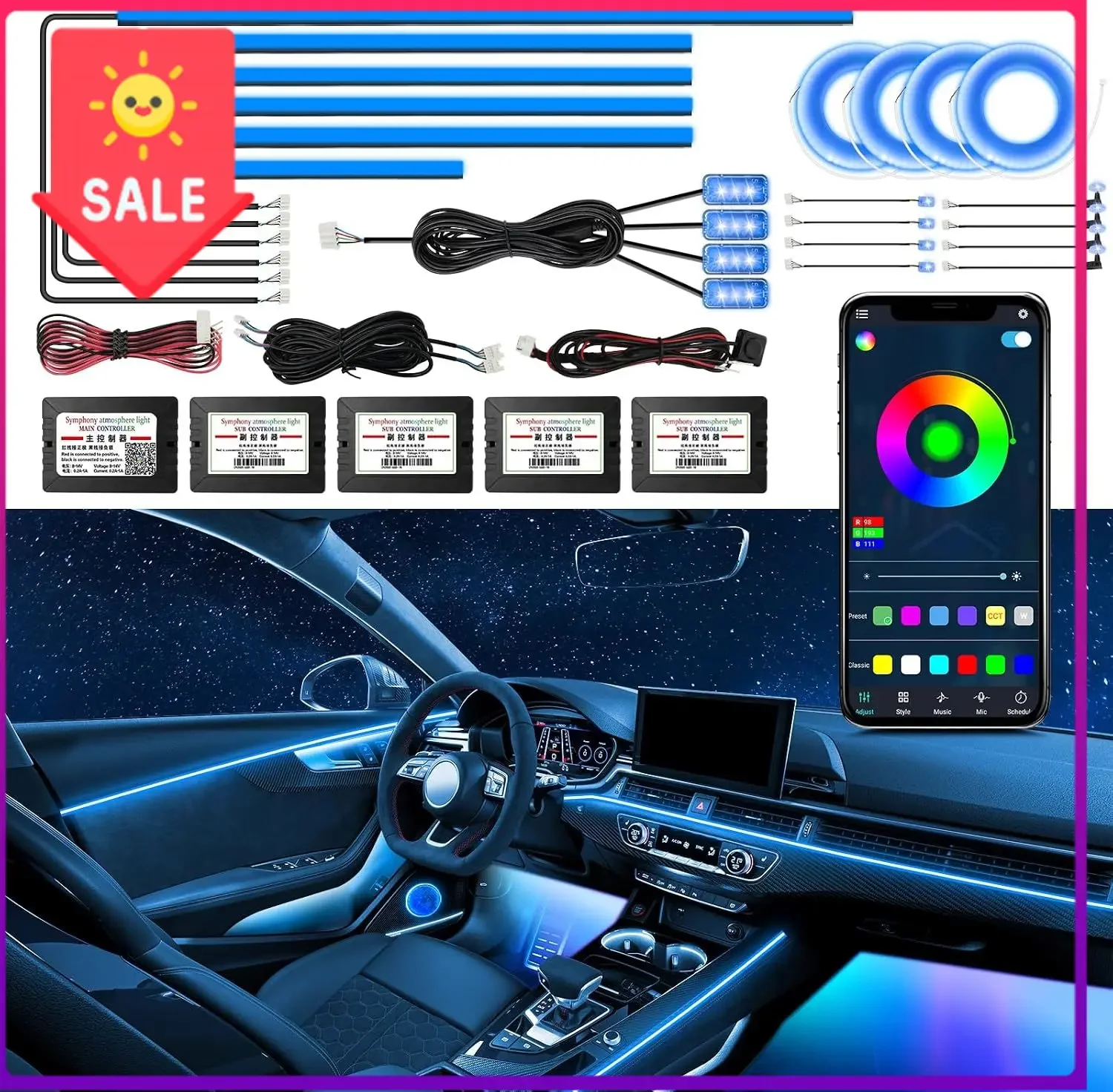 RGBW Acrylic Car Interior Led Kit, Car Accessories 22 in 1 Car Ambient Lighting Kits with APP Control and 213 Color Modes