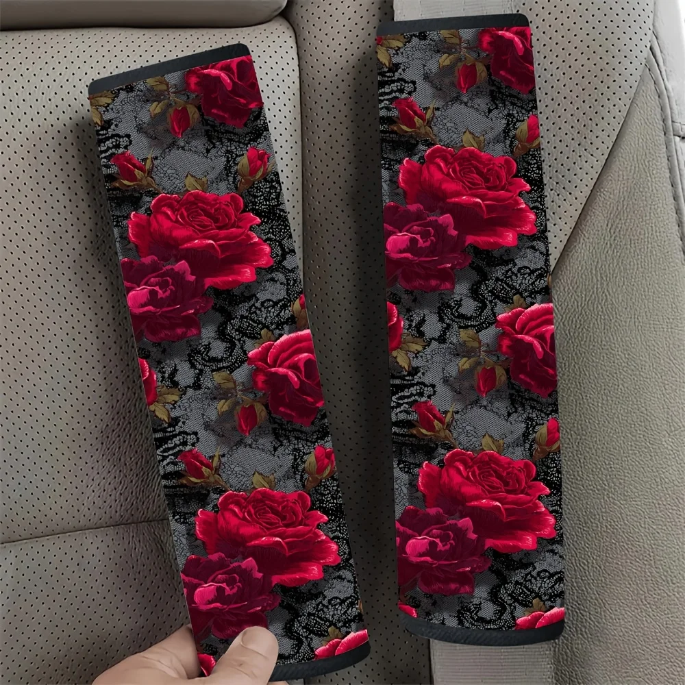 Romantic Valentine Style Two Car Seat Belt Shoulder Pad Covers, Featuring A Vibrant Red Rose and Lace Snake Pattern Background