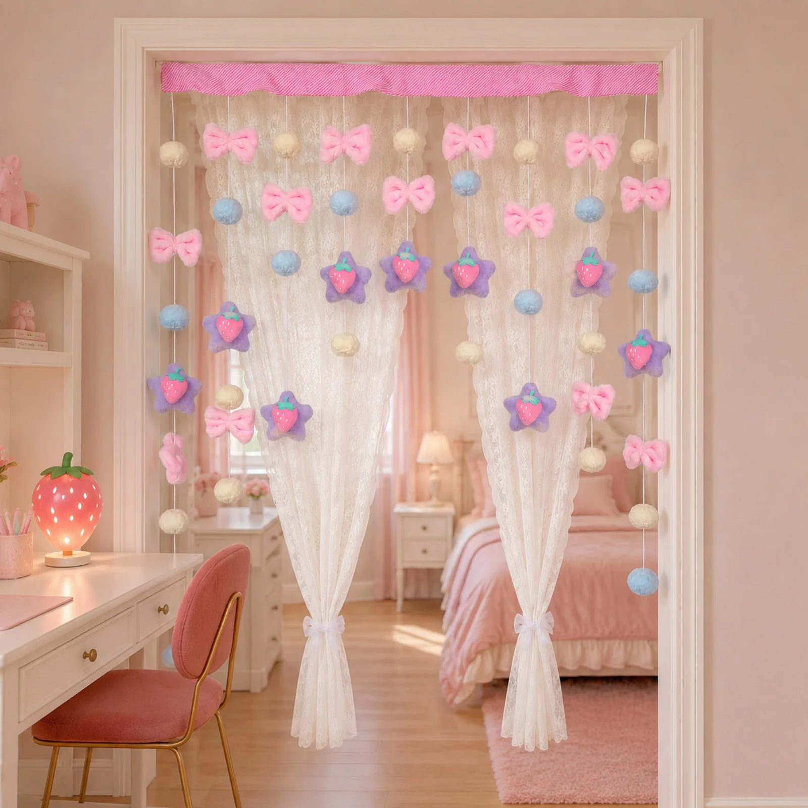 Pink Bow Bow Shaped Curtains Bedroom Decor Tassel Curtain Divider String Girl Room Living Partiton Sweet Beaded Window Valance