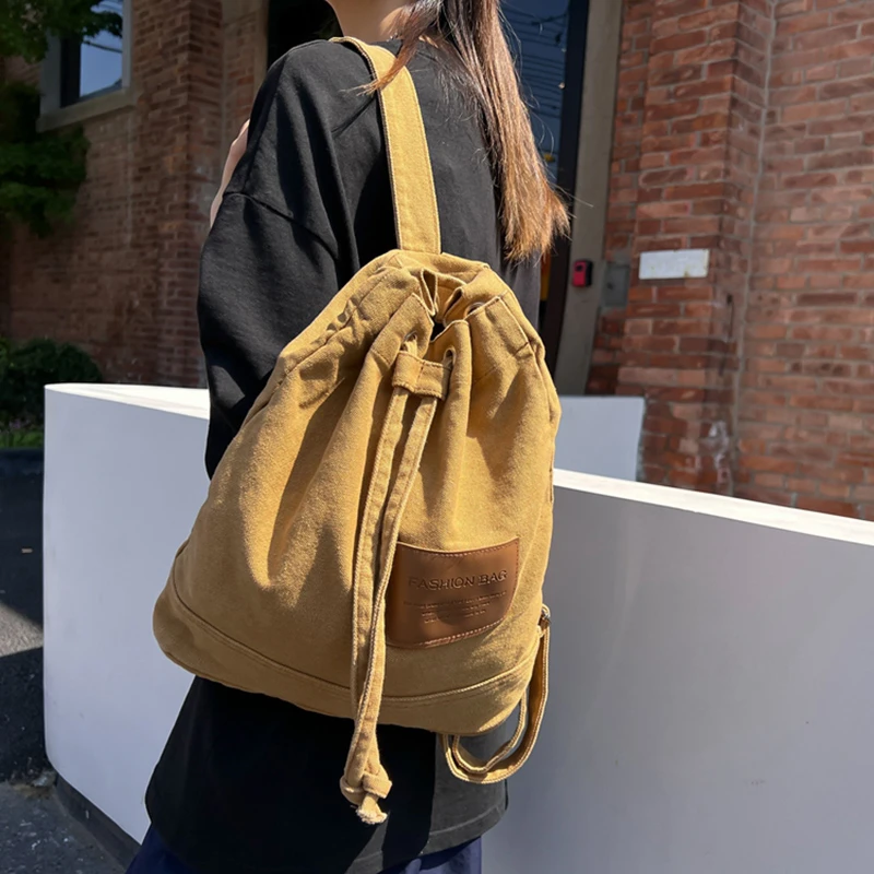 New Drawstring Canvas Backpack for Women Leisure School Backpack Trendy Cool Female Schoolbag Girl Kawaii Travel Student Bag