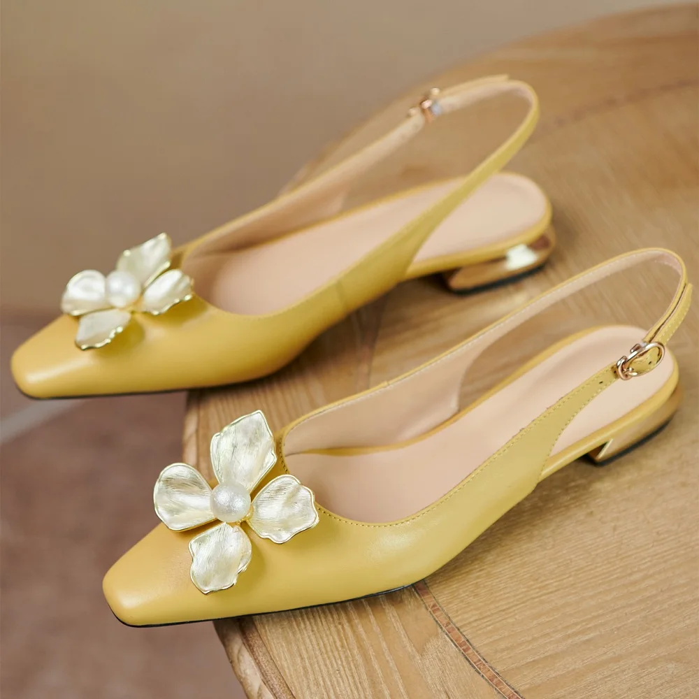 【JOCHEBED HU】Female Flats Shoes Genuine Leather Spring Autumn Women Shoes Metal Flower Pointed Toe Flat Heels Big Size 34-43