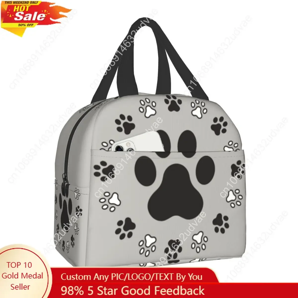 Animal Pug Footprints Portable Lunch Box Women Leakproof Cat Pug And Dog Pug Footprints In Black Food Insulated Lunch Bag