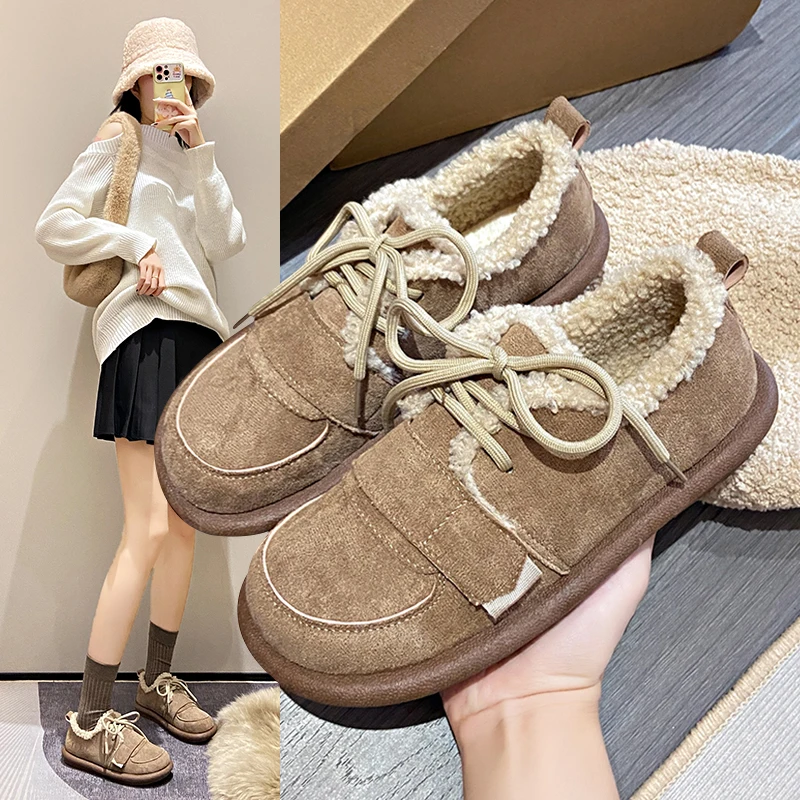 

Autumn Winter Women's Cotton Shoes Outdoor Flat Plush Warm Womens Loafers Casual Slip-On Comfortable Women's Shoes Zapatos Mujer