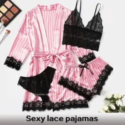 4 PCS Women's Summer Pajama Set with Pink Striped Jacket Paired with Casual Shorts and Sexy Lace Lingerie Casual Home Pajama Set