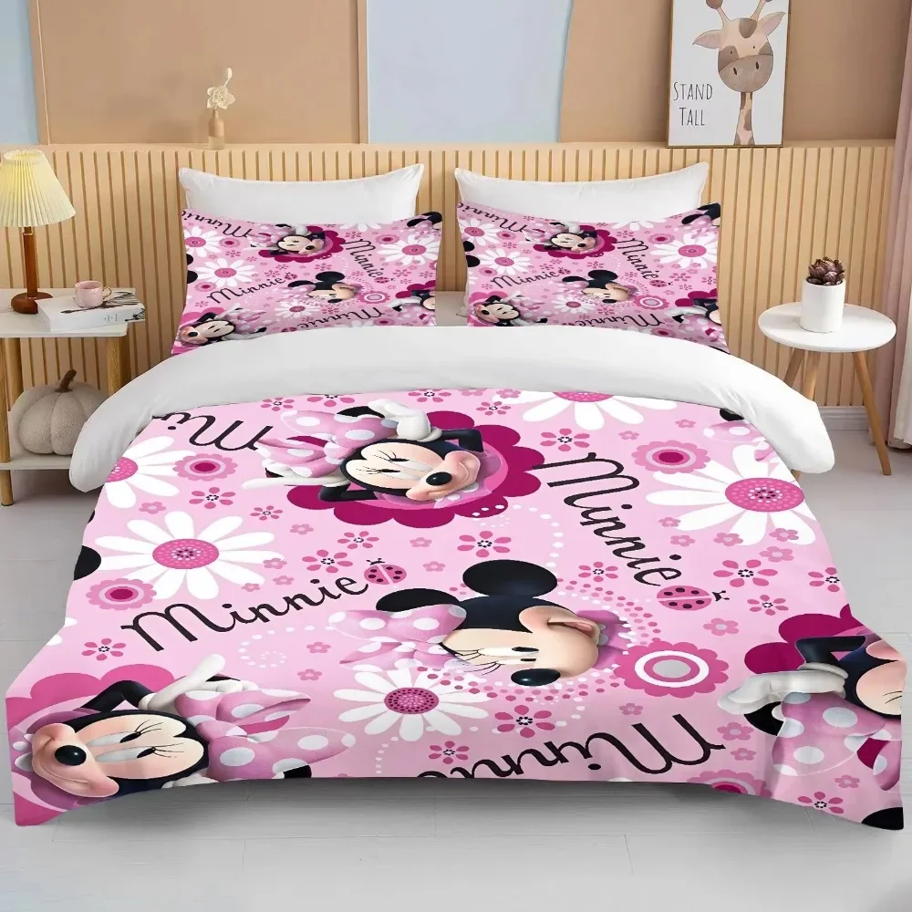 Imagem -06 - Minnie Mickey Mouse Cama Conjunto para Meninas Capa de Edredão Gêmeo Rainha Rei Desenhos Animados Capa Macia Fronhas Pcs