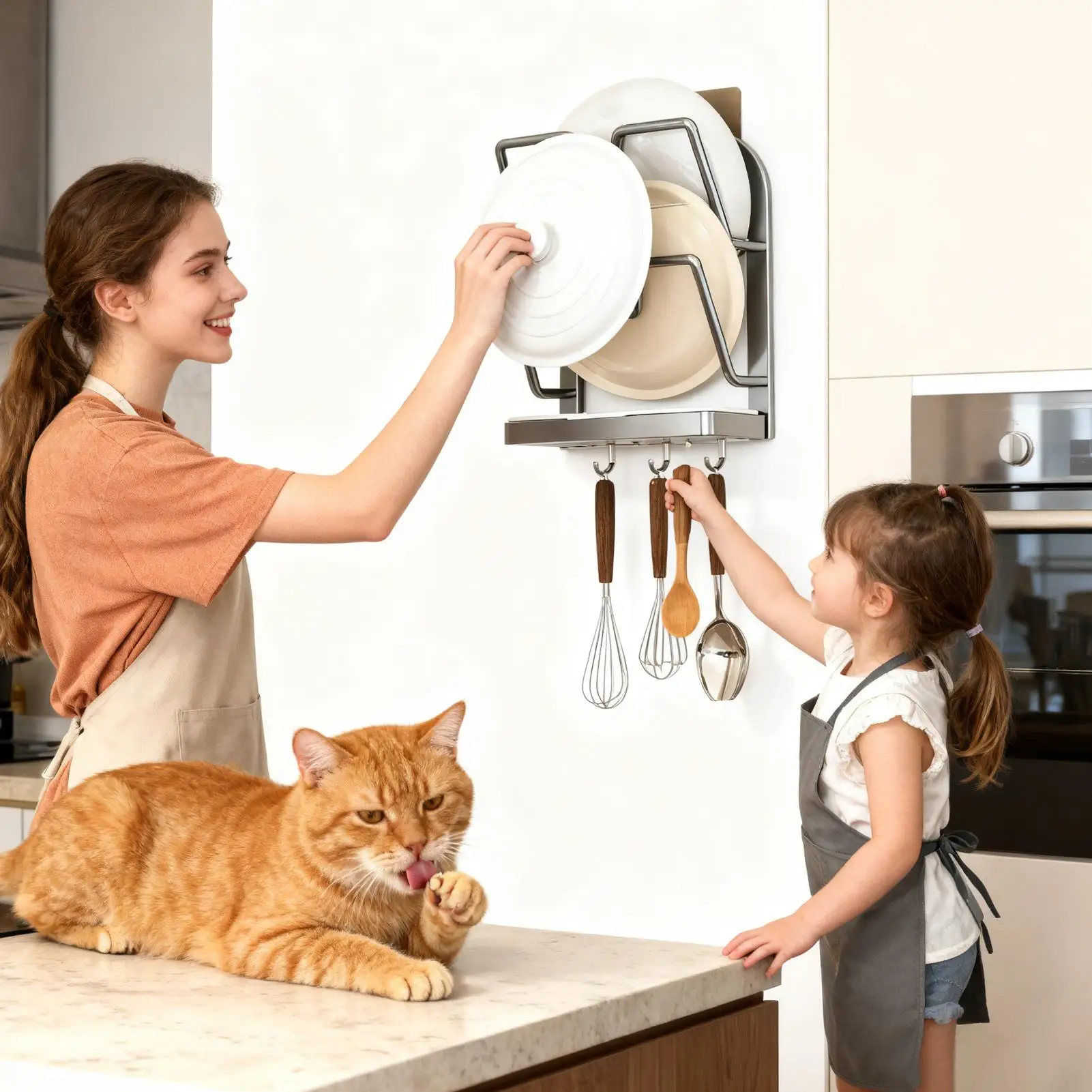 

Органайзер для крышки кастрюли, подставка для хранения из углеродистой стали без сверления с подносом, органайзер для крышки кастрюли и хранение для разделочной доски с ложкой для варежек