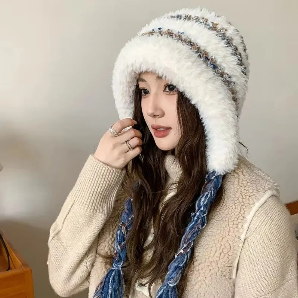 

Outdoor Thickened Knitted Warm Hat Winter Colorful Fluffy Fleece Hat Plush Breathable Ear Protection Cap Sports Cap