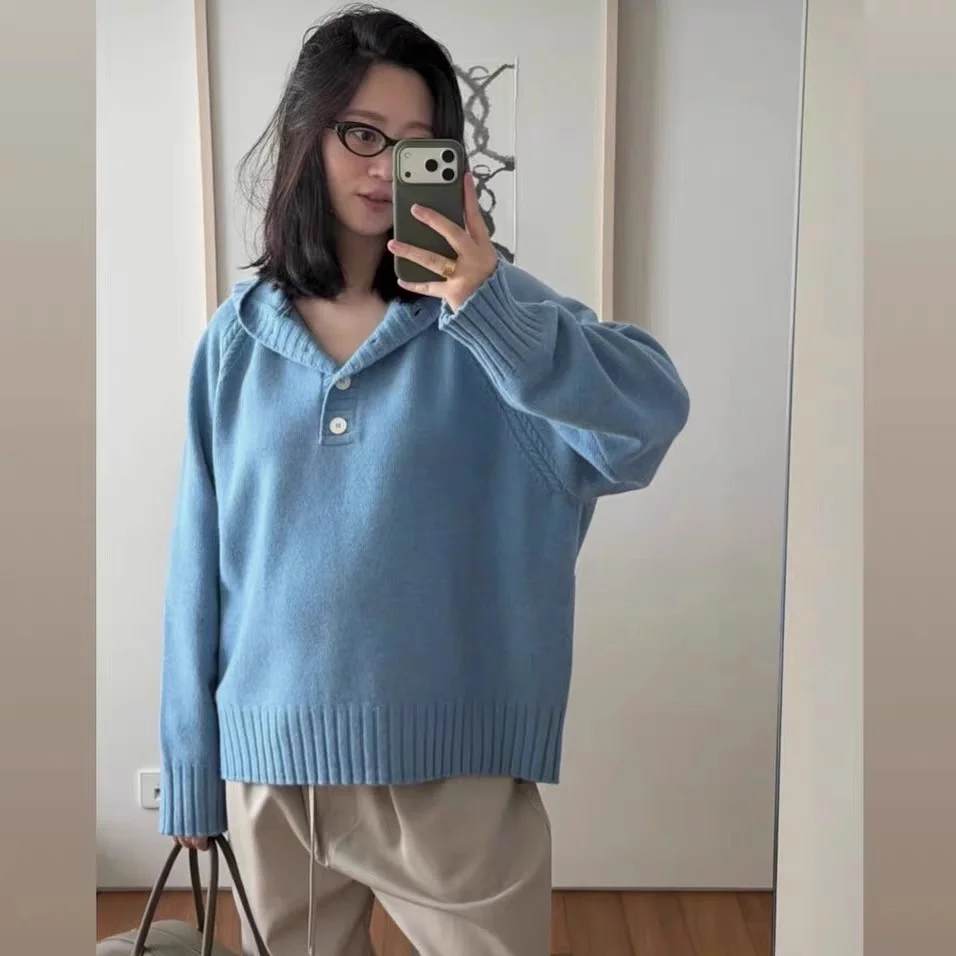 الرجعية Moondal مكافحة الشيخوخة هنري طوق فضفاض محبوك سترة لينة عارضة طويلة Sve أعلى للنساء الشتاء Faion