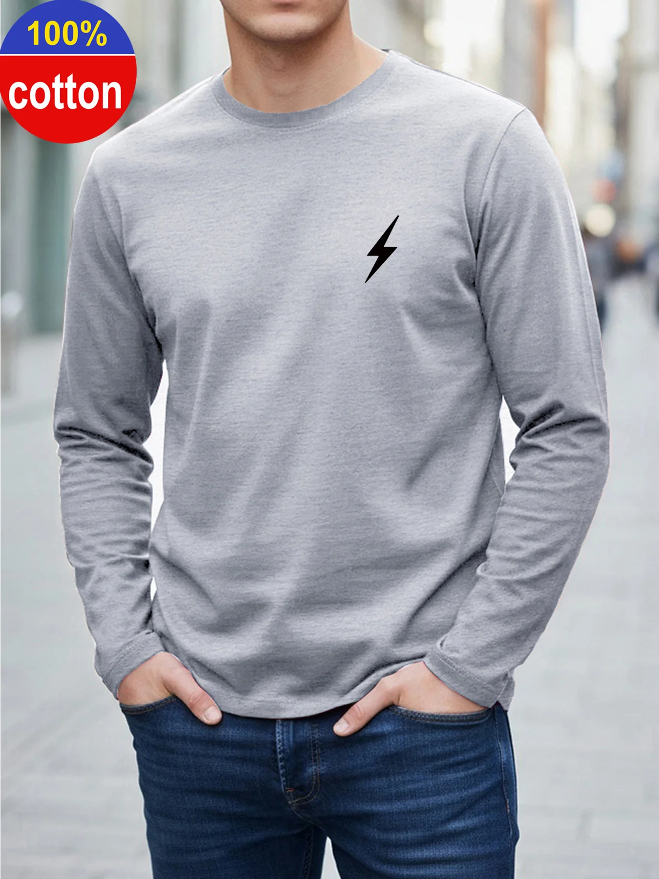 Camiseta de manga comprida para homem, 100% algodão puro, com gola redonda, corte folgado, estampa moderna, peça casual e versátil para a primavera e o outono.