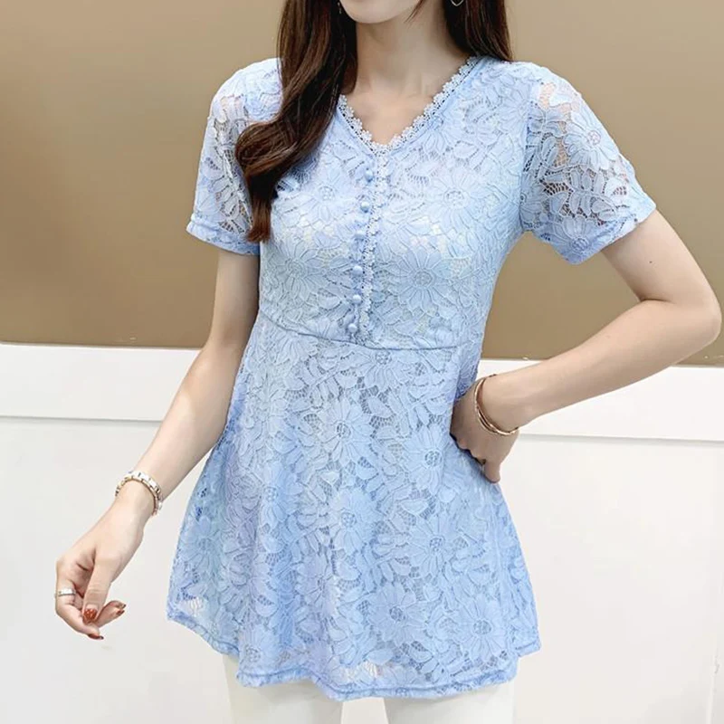 Elegant Fashion Solid Hollow Out Button Lace Shirt Summer 2023 New V-Neck Short Sleeve Slim Pullovers Long Tops Women\'s Clothing