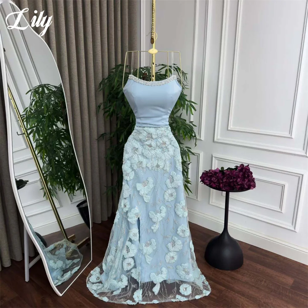Lily Light Blue Party Dress Pearl Trim Satin Evening Dress 3D Floral Applique Formal Gown Mermaid Prom Gown for Women Customized