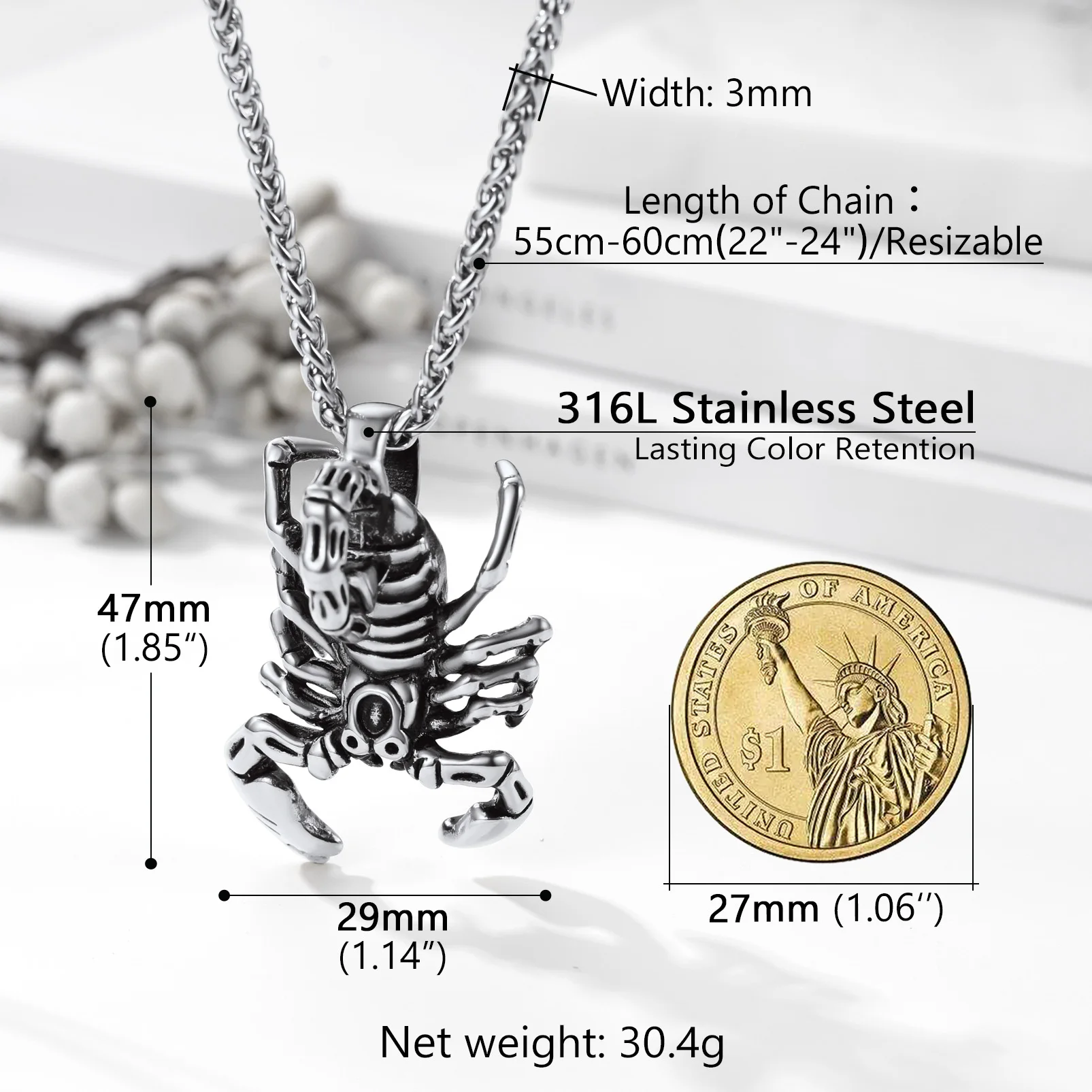 U7 aço inoxidável escorpião colares pingente animal 3mm 20 polegadas link corrente vintage unisex gótico punk jóias