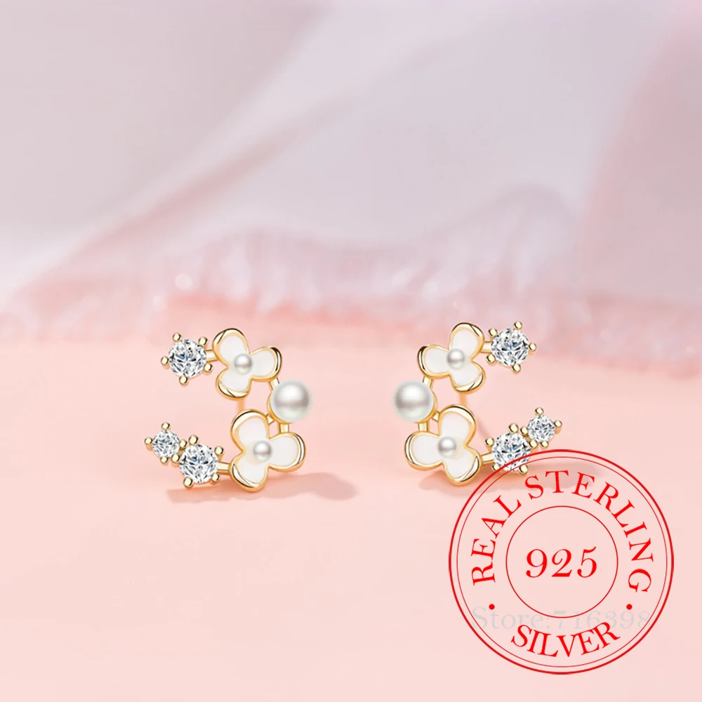 

925 Sterling Silver Jewelry Crystal Pearl Flower Stud Earrings for Women Wedding Party Jewelry For Girl Friend Gift