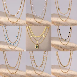 Luxury Pearls Colorful Stacked Chain Necklace For Women Gold Color Stainless Steel Multi-layer Necklace Jewelry Party Gift New
