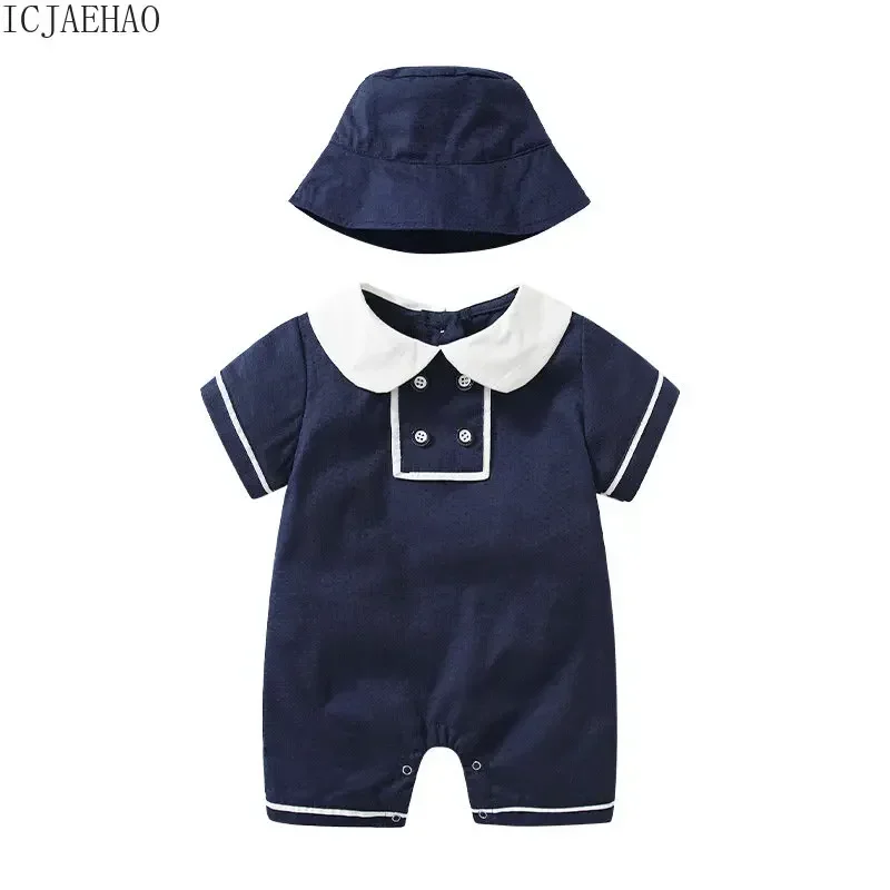 2025 Newbrons Baby Bodysuit with Hat Sets Clothing Girl Boys Infant Romper Toddler Jumpsuits Navy Blue Newborn Clothes Costumes