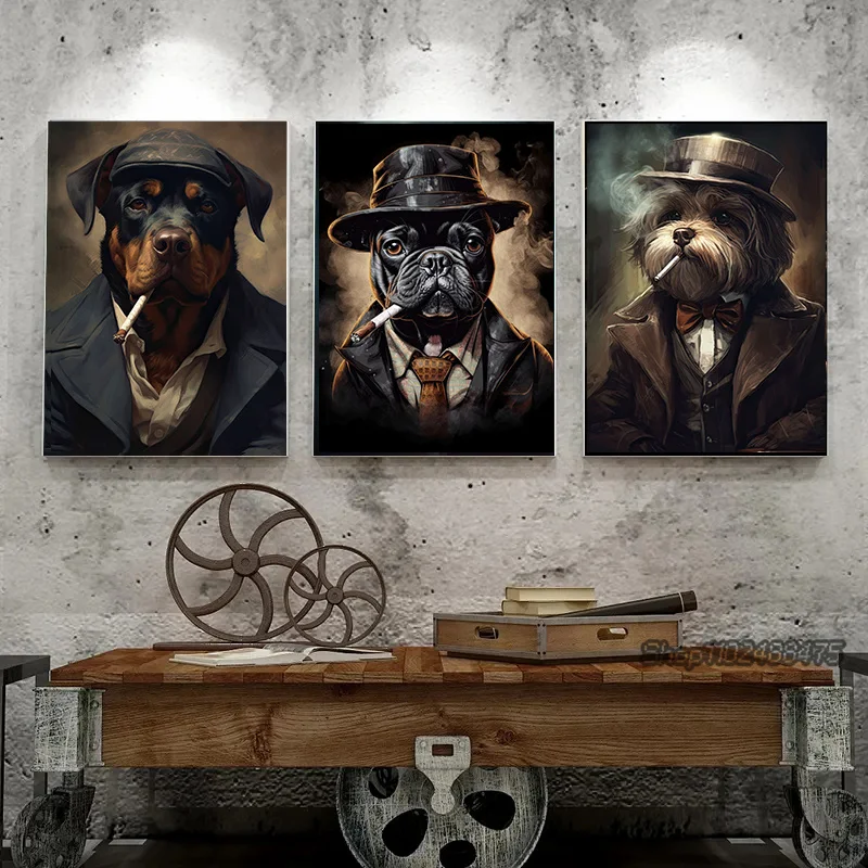 Vintage Dog Portraits Poster French Bulldog Pug Smoking A Cigar Print Canvas Painting Wall Art for Living Room Home Decoration