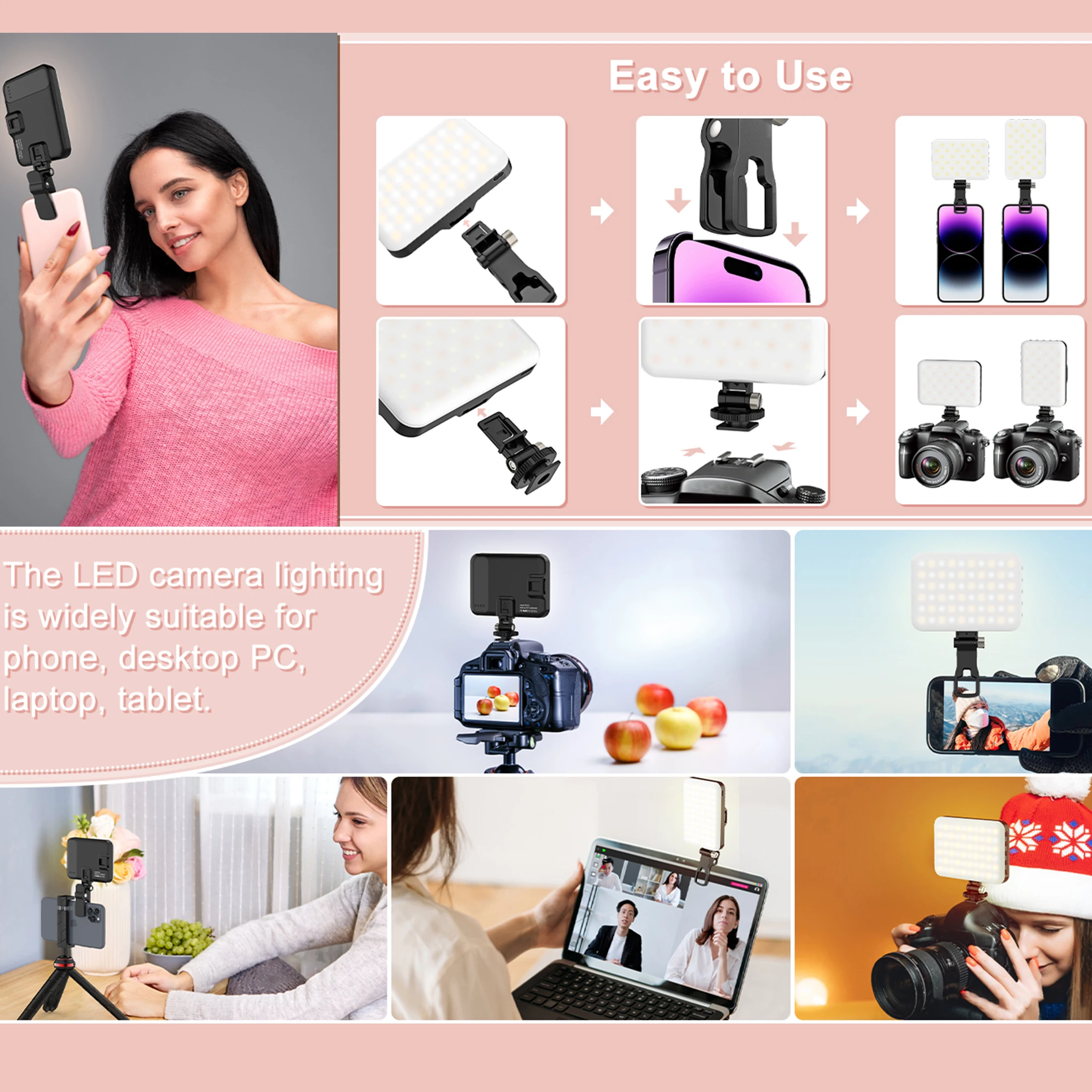 LED Selfie Light 60 High Power Rechargeable Clip Fill Video Light for Phone iPad with Front & Back Clip Adjusted 3 Light Modes