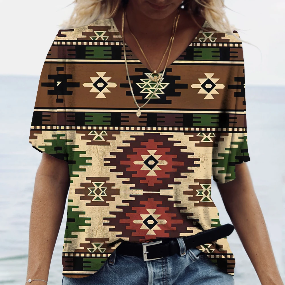 Summer Ethnic Style 3D Printed T-Shirts Women's Fashion Vintage Streetwear Short Sleeve V-Neck T Shirt Tees Tops Woman Clothing — zdjęcie 5