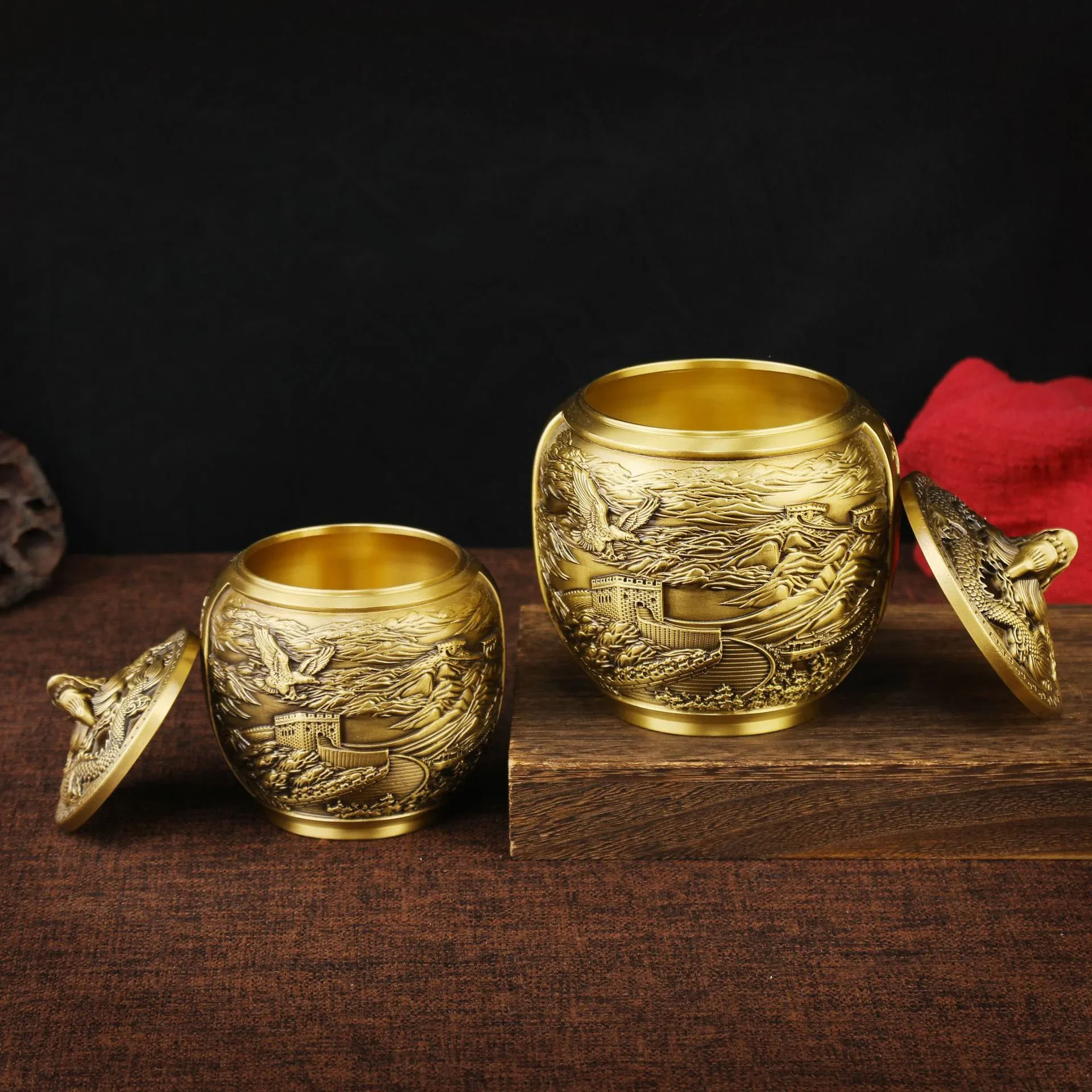 Chinese Wall Relief Tea Canister Eagle Spreading Tea Wings Can Brass Craft Decorative Ornament
