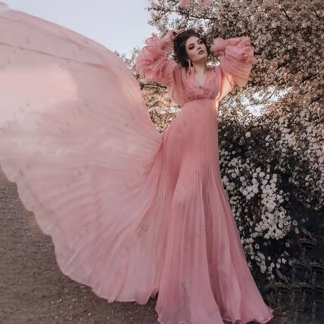 Vestidos de baile flare uma linha em camadas vestido grávida com mangas trem babados rosa longo matermity vestidos elegância