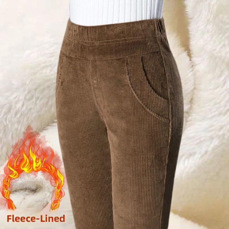 Pantaloni di velluto a coste a gamba dritta a vita alta da donna Autunno Inverno Nuovo Sle Slim Fit Pantaloni casual in flanella da donna Foderato in Fce