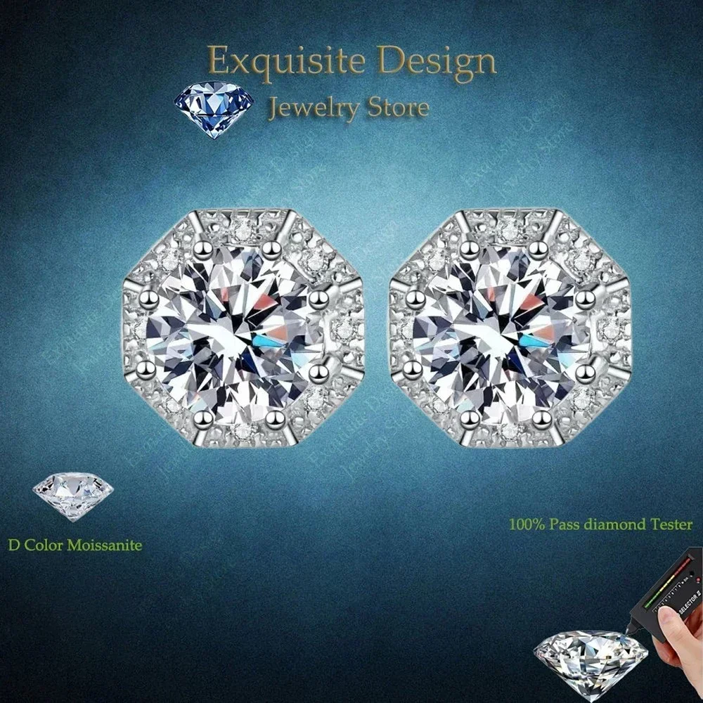 Exquisite Design Sparkly Jewelry Octagon PT950 Ladys Stud Earrings for Women Each 1CT Real Moissanite Earring for Birthday Gift